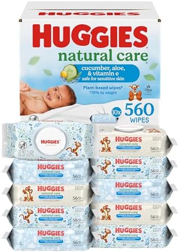 Huggies Natural Care Cucumber, Aloe and Vitamin E Baby Wipes, Hypoallergenic, Scented, 10 Flip-Top Packs (560 Wipes Total), Packaging May Vary