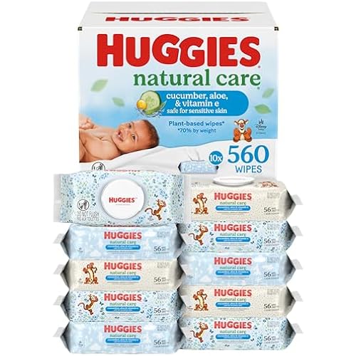 Huggies Natural Care Cucumber, Aloe and Vitamin E Baby Wipes, Hypoallergenic, Scented, 10 Flip-Top Packs (560 Wipes Total), Packaging May Vary
