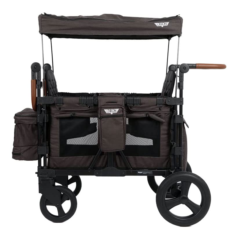 Image of Keenz XC Plus 4 Passenger Foldable Luxury Stroller Wagon with Mesh Canopy and Sides, Roll Down Black Out Panels, Storage Pockets, and Snack Tray, Charcoal