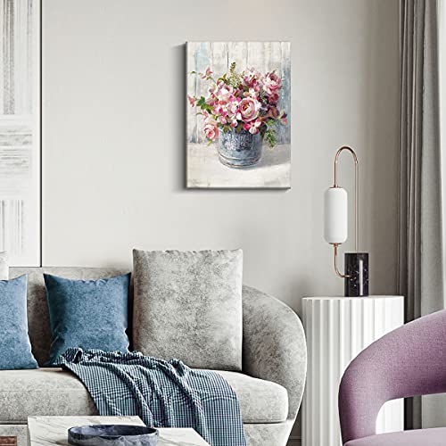 Floral Canvas Wall Art Bathroom Pink Rose Wall Decor Farmhouse Flower Bouquet In Bottle Pictures Bedroom Decor Rustic Watercolor Botanical Painting For Living Room Kitchen Dinner Home Decoration 12X16" #TOP1