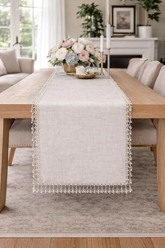 WWW.THROWPILLOW.IN Neutral Linen Herringbone Table Runner with Crystals 14x60|Fits 4 FT Center Table, Coffee Table Living Room, TV Console, Dresser,Shoe Cabinet, Patio Table, Shelf Unit|Diwali Décor