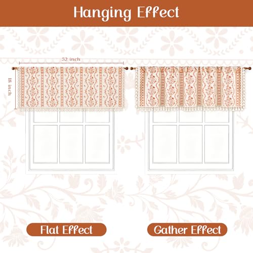 Image of Yinhua Boho Valance Curtains Vintage Linen Kitchen Valances for Windows Light Filtering Bohemian Floral Valance Rod Pocket Tassel Window Valances for Bathroom Cafe, 52 inch W X 18 inch L, White Orange