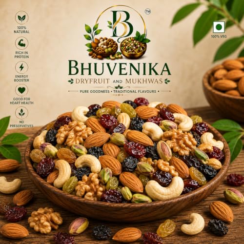 Image of Bhuvenika Dry Fruits & Mukhwas Premium Mix Dry Fruits 500gm |Mixed Almonds, Cashews, Pistachios, Raisins, Apricots, Black Raisins | Assorted Crunchy Trail Mix for Snacking & Gifting
