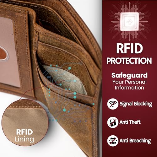Image of BULL GUARD RFID Genuine Leather Trifold Wallets for Men ID Window, Secret Pocket, Adventure Brown - Vintage Crazy Horse, 3.25 x 4.25, Classic