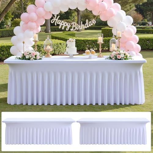 Image of 2 pk White Spandex Table Cloth Rectangle 8ft with Ruffle Skirt,Wrinkle Free High-Stretch Fitted Tablecloths for 8 Foot Rectangle Tables,Elastic Spandex Table Covers 8 ft for Parties Weddings Banquet