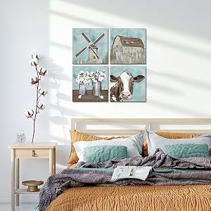 FuShvre Farmhouse Canvas Wall Decor Vintage Barn Cottage Cow Windmill Pictures Prints Rustic Farm Painting Framed 12 x12 Teal