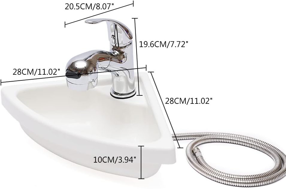 Wall Mount Corner Bathroom Sink White Acrylic Triangle Sink With Faucet Vanity Single Bowl Sink for Boat Caravan Rv Camper Kitchen Bathroom Lavatory (White, With Faucet and Inlet Pipe)