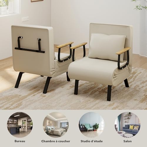 Divano Letto Convertibile 1 Posto, Poltrona Letto Regolabile, Fodera Rimovibile, Cuscino Soffice, Gambe In Metallo - Per Soggiorno/Ufficio(Beige - 7