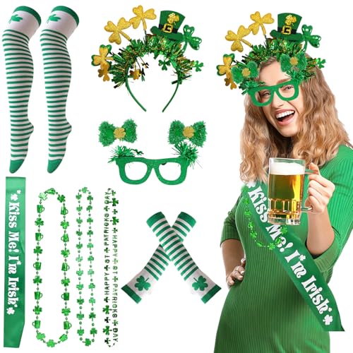 GWAWG St Patrick's Day Costume Accessories Set,Headband Glasses Necklace Arm Warmers sash,Irish Saint Patrick's Day Fancy Dress Outfit for Party Parade Supplies