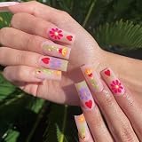 24 Pcs Coffin Shape Press on Nails,Medium Length with Multicolor Flowers French Designs Fake False N