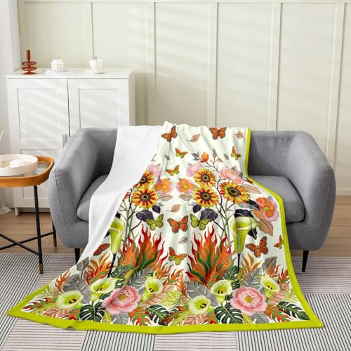 Erosebridal Yelllow Flowers Flannel Blanket 40x50 Butterfly Fuzzy Plush Throw for Sofa Couch Oil Art Wildlife Fleece Blanket Elegant Floral Pattern