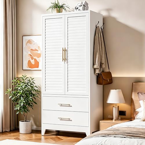Metal Armoire Wardrobe Closet, 71" Clothing Storage Cabinets with Adjustable Hanging Rod and Shelves , Louvered Doors, 2 Side Hooks & 2 Drawers - Closet Cabinet for Bedroom, Laundry Room, Cloak Room