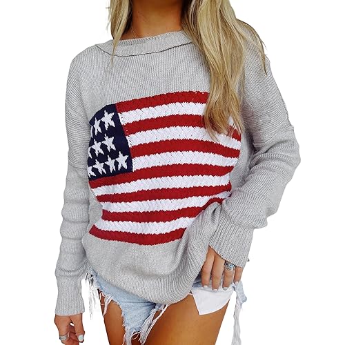 Image of KMBANGI Women American Flag Sweater Graphic Loose Vintage Long Sleeve Crewneck Knitted Jumper Top Patriotic Pullover
