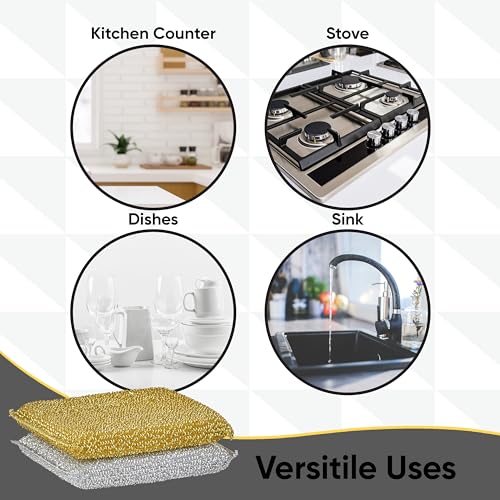 Image of Kitchen Sponge Scrubber, Heavy Duty, Hand Friendly Scouring Sponge for Sink, Pot, Dish Washing Scrubber Non-Scratch Sponge (Gold-Silver)