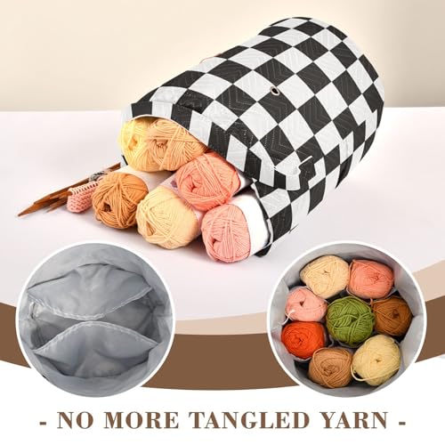 Image of Tatenale Crochet Bag Yarn Bag Knitting Project Bag with Pockets and Handle Portable Yarn Storage Organizer Tangle Free 8.3x11 InchCheckered Black and White15