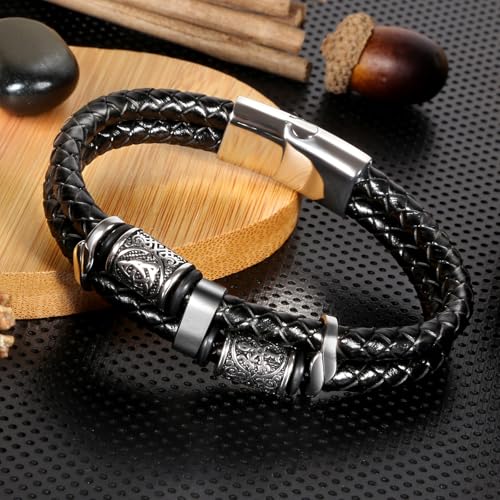 Viking Leather Bracelet For Men Balck Cool Handmade Stackable Jewelry, Faith and Courage Bangle Bracelets2