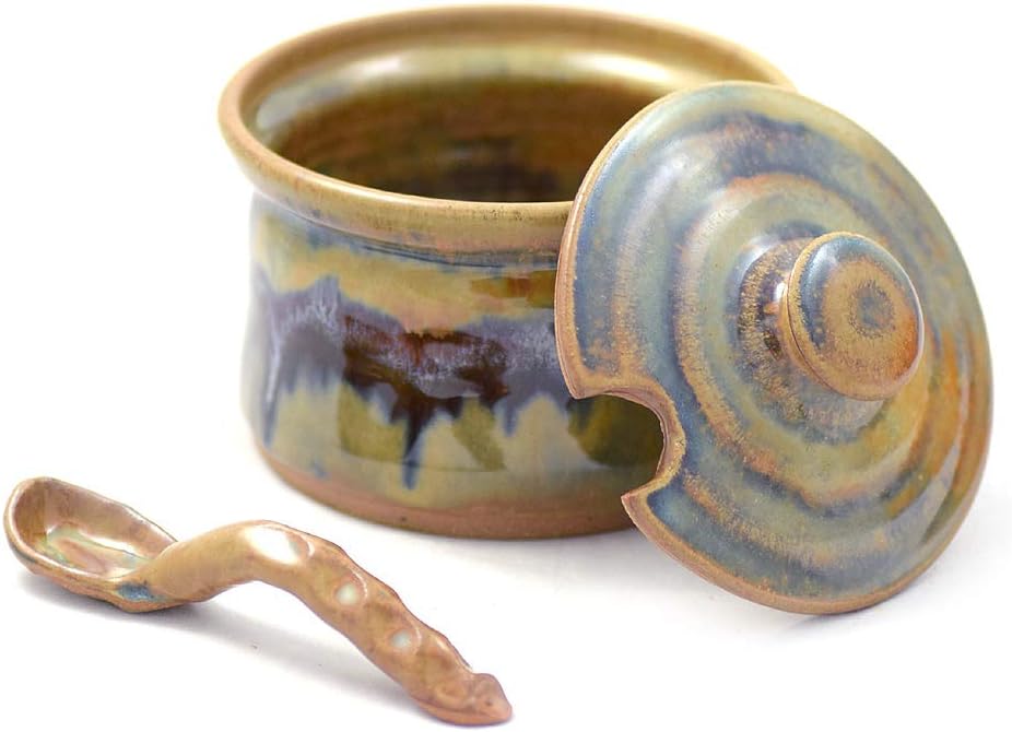Modern Artisans Tuscan Farmhouse Collection: Lidded Stoneware Pottery Sauce Dish with Sculpted Spoon, American Made