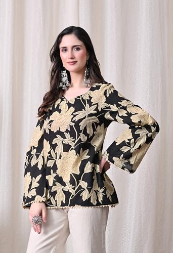 Image of MEERA FAB Women's Summer Floral Printed Cotton Short Kurta Bell Sleeves | Floral Printed Kurta | Short Kurti for Women