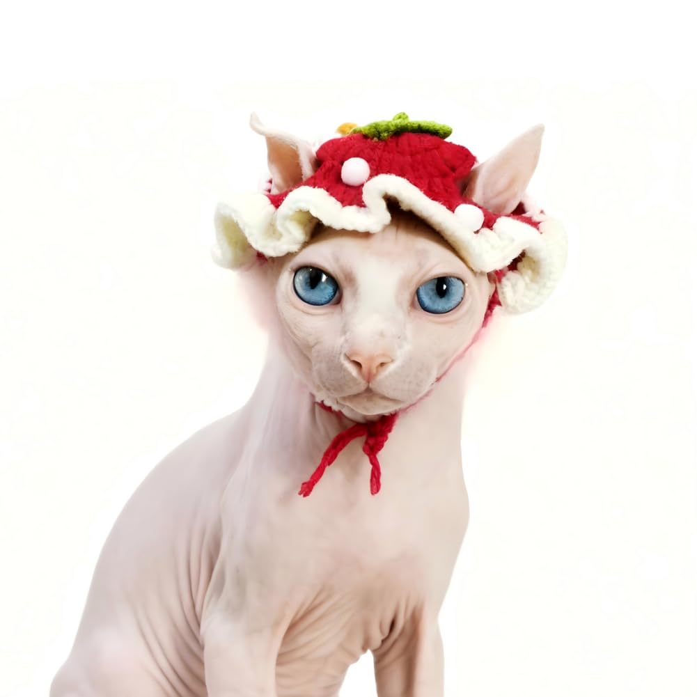 MITOCAPY Dog Outfit,Handmade Knitted Cat Gifts,Cute Cat Birthdat Hat,Funny Strawberry Dog Costume with Adjustable Cord,Hat for Small Dogs, Outfit for