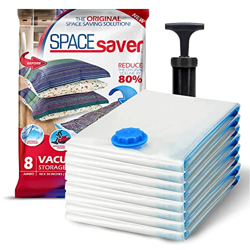8 Pack Jumbo Vacuum Storage Bags for Comforters, Blankets & Clothes – Jumbo Vacuum Sealed Compression Bags with Hand Pump – Space Saver Storage Bags for Bedding, Moving, Travel & Organization