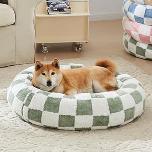 Checkered Dog Bed, Cute Sage Green Retro Style Aesthetic Round Warming Pet Calming Beds for Small Dog and Cats, Plush Cozy Donut Washable, 30″ L x 30″ W x 8″ Th