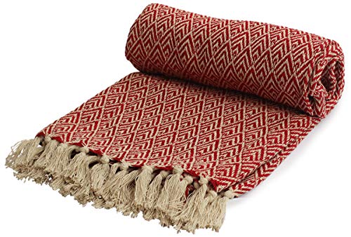 Cotton Throw Blanket 65X50 - Red Christmas Beautifully Knitted Chevron Pattern Throw Blanket With Fringe - Lightweight Warm Cozy Soft Elegant - Best For Chair Sofa Couch Bed - Home Living Room Decor #TOP4