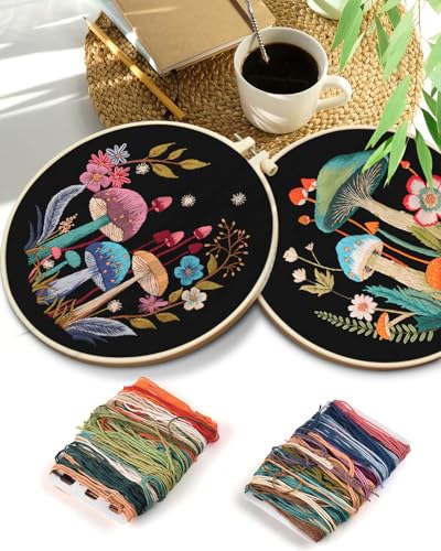 Image of TINDTOP 2 Pack Embroidery Kit for Adult, Embroidery DIY Starter Kit | with Mushroom Stamped Patterns, Hoop, Tools, Colorful Threads with Needles, Instructions
