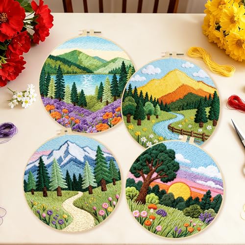 Image of BEUNITONE 4 Set Forest Pattern Embroidery Kit for Adult Beginners Scenery Pre-Printed Designs Cross Stitch Kits, Needlepoint Kits for Adults, Handmade Embroidery for Home Decor 20x20cm