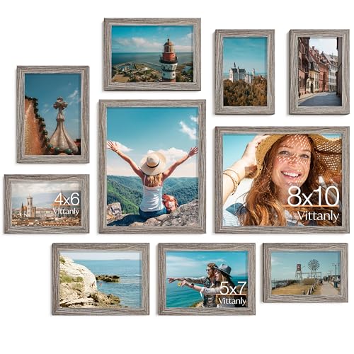 Image of Vittanly Picture Frames Set of 10, Picture Frames Collage Wall Decor with Two 8x10, Four 5x7 and Four 4x6 Photo Frames, Gallery Wall Frame Set for Wall or Tabletop Display, Dark Grey