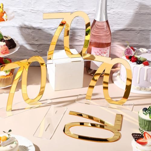 Image of Threehoney 12 Pcs Mirror Gold 70th Birthday Decorations for Men and Women Acrylic Anniversary Decorations Table Numbers Centerpieces for Birthday Party