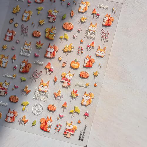 Image of Fall Nail Stickers Squirrel Nail Art Stickers Maple Leaf Nail Decals 5D Self Adhesive with Design Autumn Pumpkin Nails Art Decals Cute Nails Decoration for Women Girls Kid Manicure Charms Accessories
