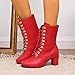 Green Mid Calf Boots for Women:Fashion Lace up Combat Booties Round Toe Leather Side Zipper Winter Warm Footwear Shoes Party Dressy(Red,Size7)