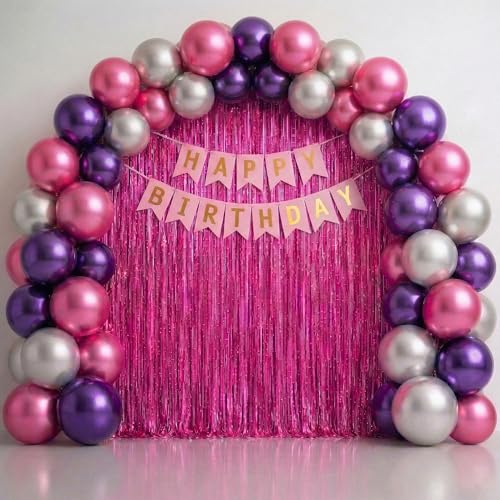Image of Just Party Happy Birthday Decoration Kit, Pink Silver and Purple - Pack of 60 | Super Shinny Balloons for Birthday Decoration | Birthday Balloons for Kids & Adults | Super Shinny Foil Fringe Curtains