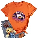 Leopard Lips Bleached T-Shirt - Womens Dripping Lips Leopard Printed Tee (Medium, Orange)