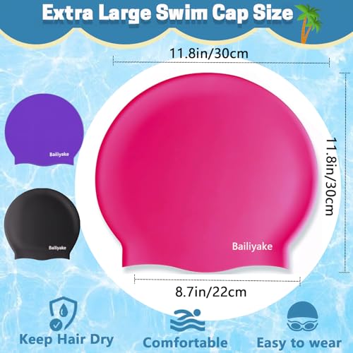 3 Pack Extra Large Swim Cap for Braids & Dreadlocks - Waterproof Silicone Swim Hat for Women & Men with Long Thick Hair, Protective Swim Cap Cover Ears for Swimming, Shower, Bathing