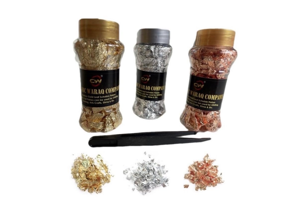 Gold Leaf Gilding Flakes 9g 3 Packs Imitation Gold Metallic Foil Flakes for Nail Arts, Paintings, DIY Crafts, Resin Arts(Gold, Silver and Copper, 3g for Each Pack)-image-27