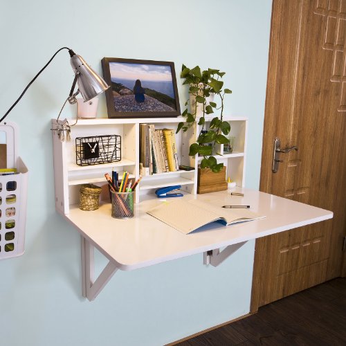 Haotian Fwt07-W,White Folding Wooden Wall-Mounted Drop-Leaf Table Desk Integrated With Storage Shelves #TOP7