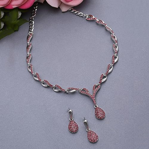 Image of ZENEME Oxidised Silver-Plated Cubic Zirconia Studded Teardrop Shaped Necklace With Earrings Jewellery Set For Girls and Women