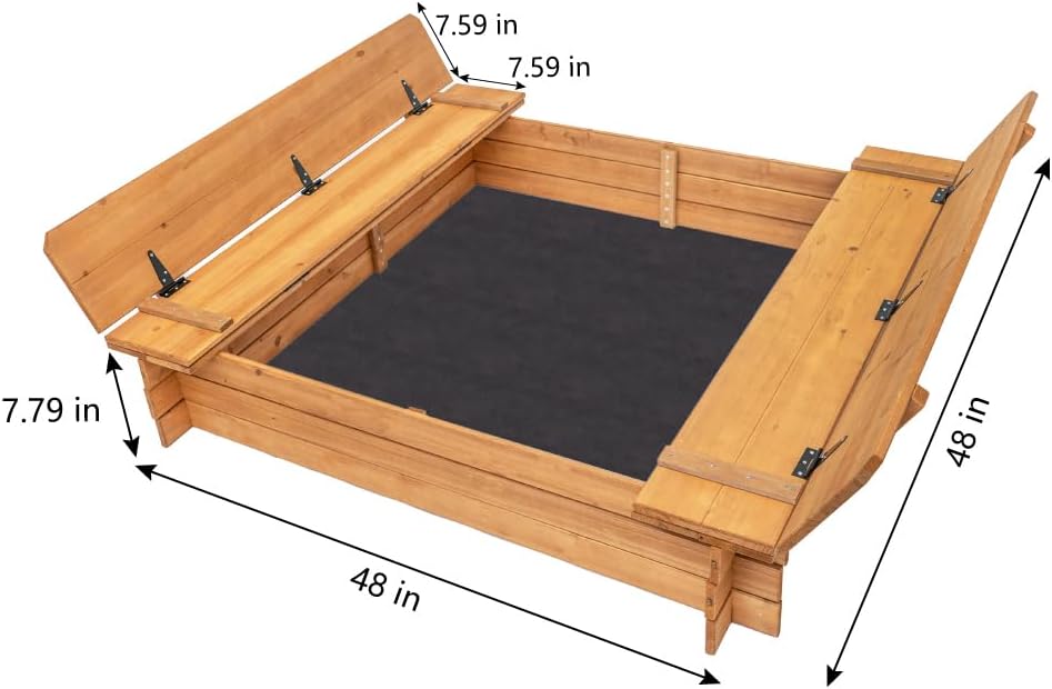 BIRASIL Wood Sandbox with 2 Bench Seats, Sand Boxes with Lid for Kids, Sand Pit with Cover for Outdoor Backyard Patio, 48 Inch