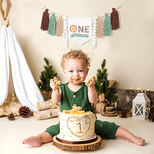 Faixa de cadeira alta de aniversário One Happy Camper - Faixa de borla de fio de acampamento, decora