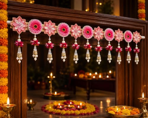 Image of Premium Handmade Artificial Flower Door Toran for Main Entrance | Pink Floral Pearl Hanging with Decorative | Traditional Wall & Door Decor for Home, Pooja Room | 38.5 Inch