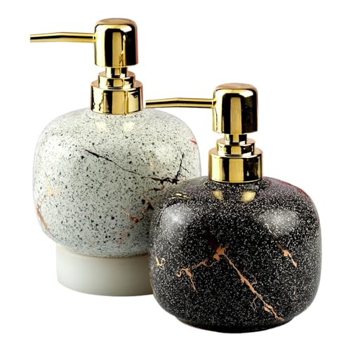 Image of Kookee Ceramic Soap Dispenser with Pump for Kitchen, Bathroom, & Wash Basin, Designer Refillable for Liquid Handwash, Shampoo & Lotion, Leakproof, Set of 2, Black /White (10568)