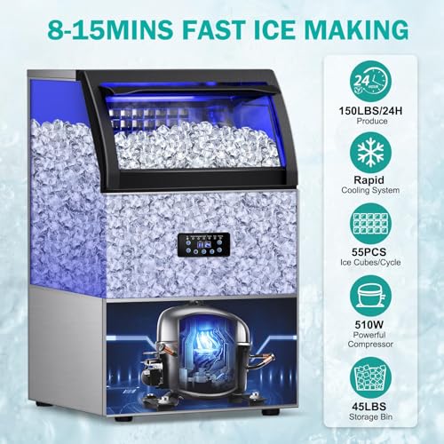 Image of Commercial Ice Maker Machine, 150Lbs /24H with 45Lbs Large Ice Capacity, 55Pcs Clear Ice Cubes Ready in 8-15Mins, Freestanding Stainless Steel Ice Making Machine for Home Party Bar