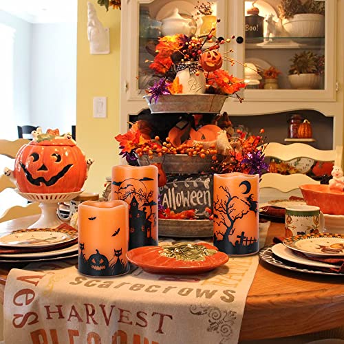 Image of Halloween Flameless Candles with 6-Hour Timer, Battery Operated Orange LED Pillar Candles Flickering Real Wax, Witch, Bats, Castle Decals Set of 3 for Halloween Decorations, D3 inchx H4 inch 5 inch 6 inch
