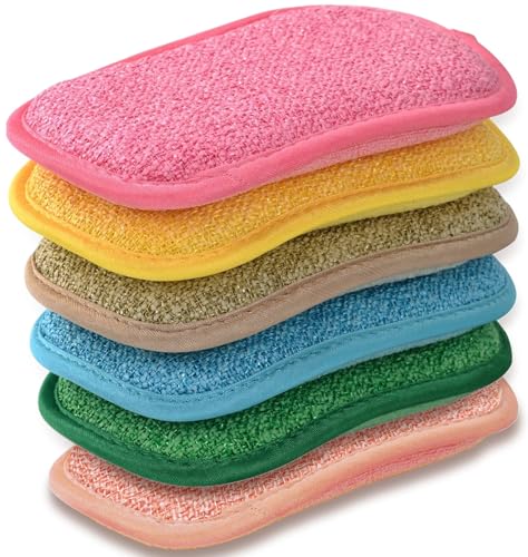 Multipurpose Kitchen Scrub Sponges Heavy Duty Cleaning Non-Scratch Scrub Sponge Reusable Microfiber Sponge for Household Cleaning Six Color Packaging (6pcs)