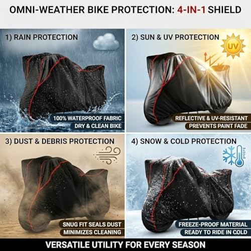 Image of Waterproof Bike Cover for All Bajaj Pulsar Model Upto 400CC | All Weather Protection from Rain, Dust, Sun & Scratches | Black Red Piping | Universal Fit for All Bike & Scooty