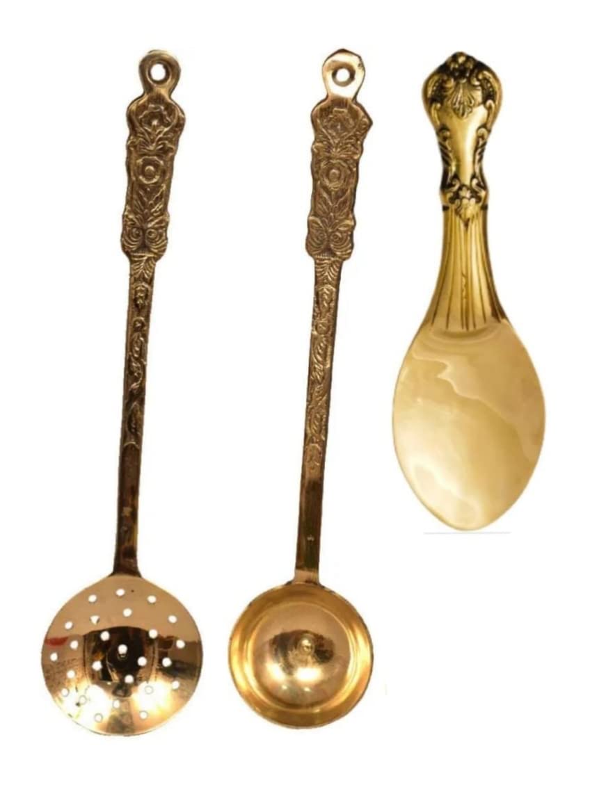 Bona Fide Pure Brass Golchi, Palta, and Rice Serving Spoons - Set of 3 Cooking and Serving Spoons