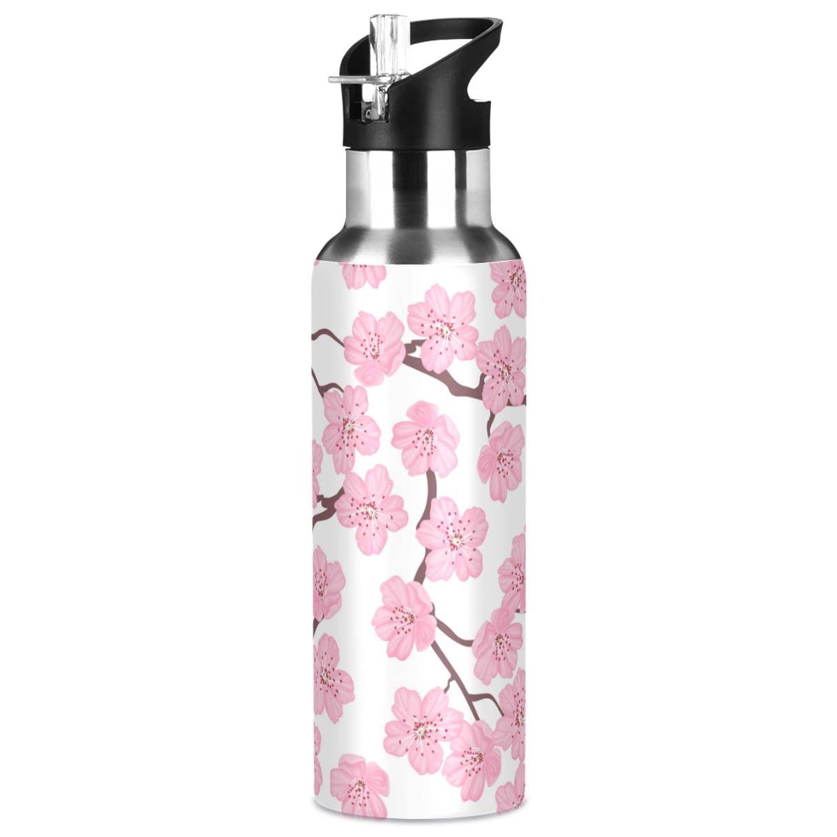 Edelstahl-Wasserflasche mit Strohhalm, blühende rosa Sakura Frühling isolierte Trinkflasche Sport Wasserflasche für Kinder Erwachsene, auslaufsicher, 1L