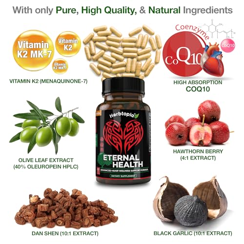 Eternal Health Heart Health Supplement for Heart, Blood Circulation & Flow with CoQ10, Vitamin K2 MK7, Black Garlic, Hawthorn, Olive Leaf & Dan Shen - Vitamins & Herbs 60 Caps - Image 5