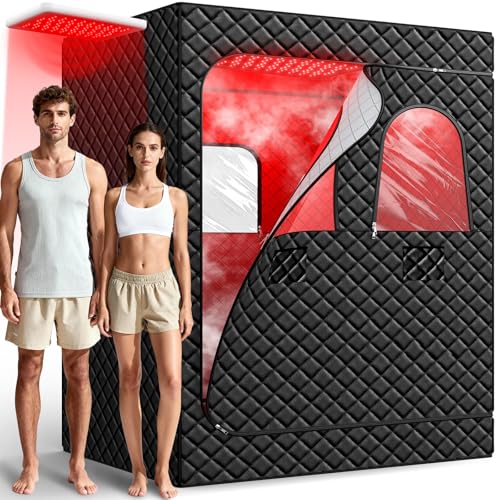 2 Person Infrared Sauna Box for Home, Portable Steam Sauna with 660nm Red Light Therapy Lamp...